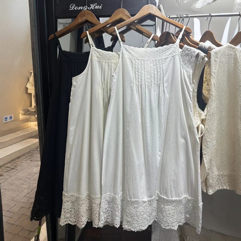 25春新森系田园精美重工蕾丝下摆吊带背心裙薄棉布单层叠穿连衣裙