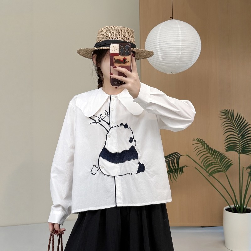 2026早春新款日系时尚熊猫刺绣翻领衬衫宽松百搭高级感穿搭上衣女