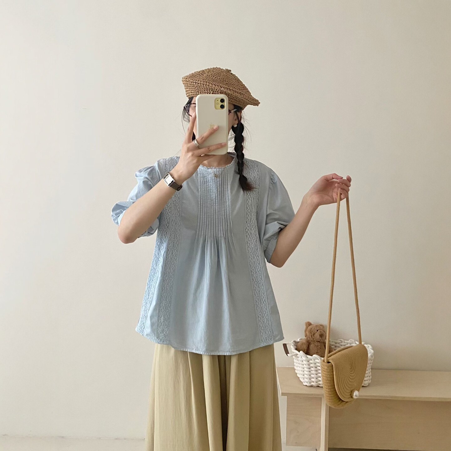 夏日系清新学院风圆领风琴褶蕾丝拼接中短袖棉布衬衫宽松版娃娃衫