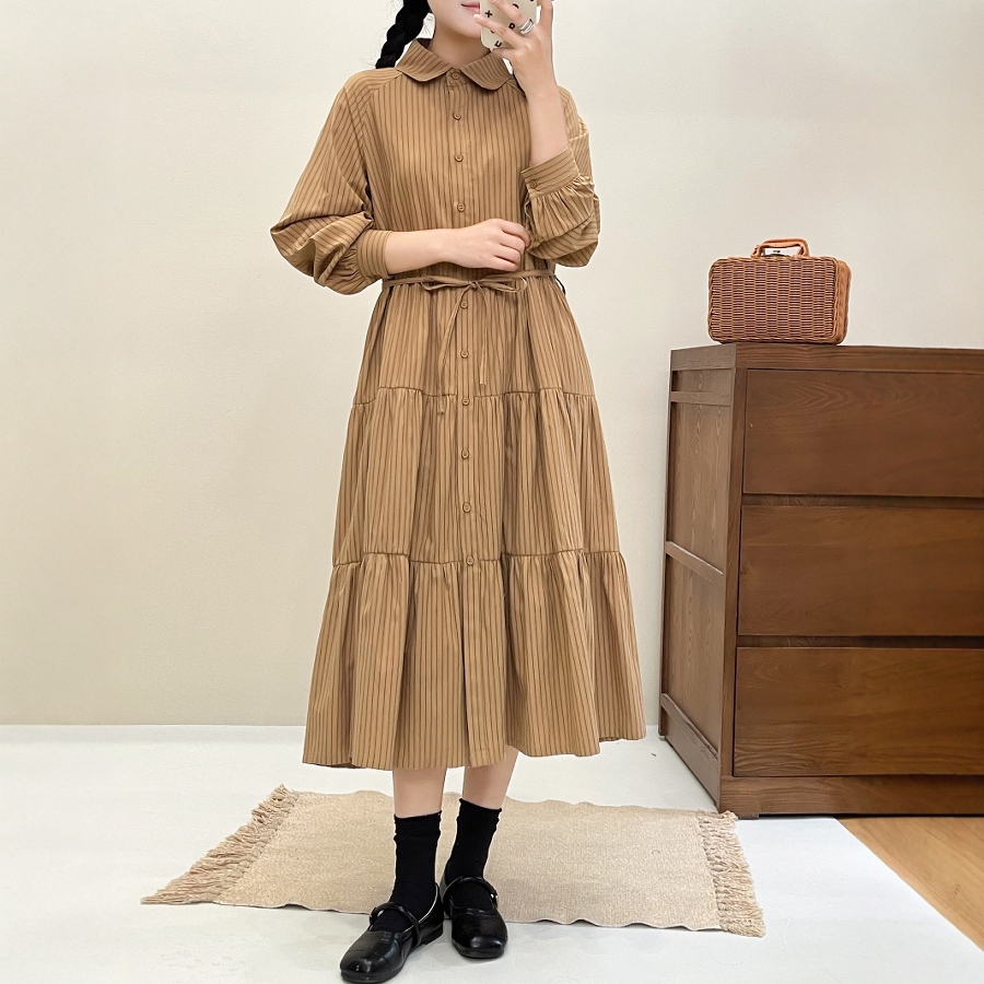 日系复古翻领竖条纹拼接衬衫连衣裙宽松棉质系带休闲长袖a字长裙