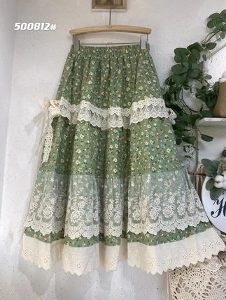 森系新品森系碎花蕾丝花边拼接绑带松紧腰A字半身裙棉麻清新裙子