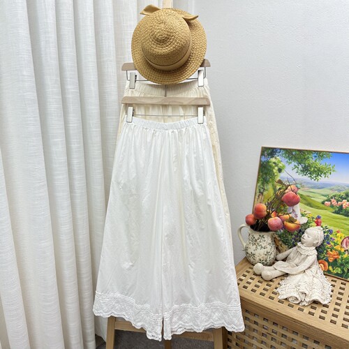 松紧腰甜美刺绣花边纯棉阔腿裤女