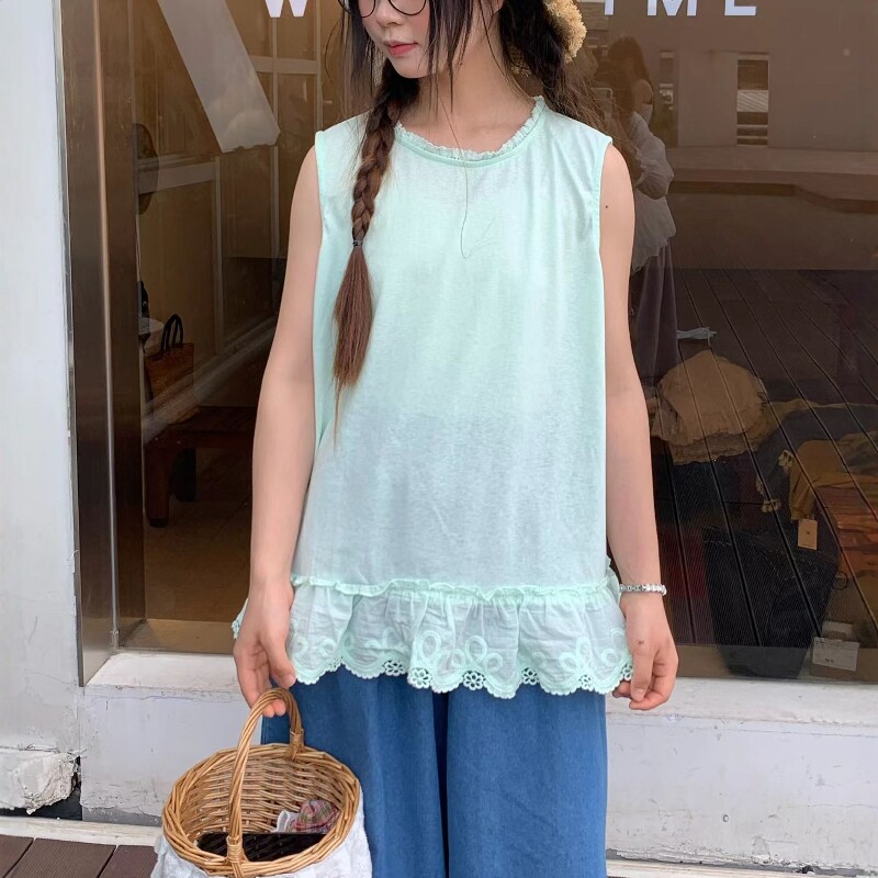 宽松少女风圆领蕾丝下摆无袖背心