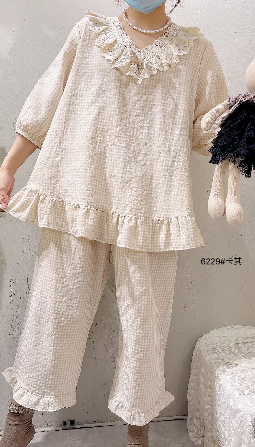小清新格子家居服薄棉布睡衣
