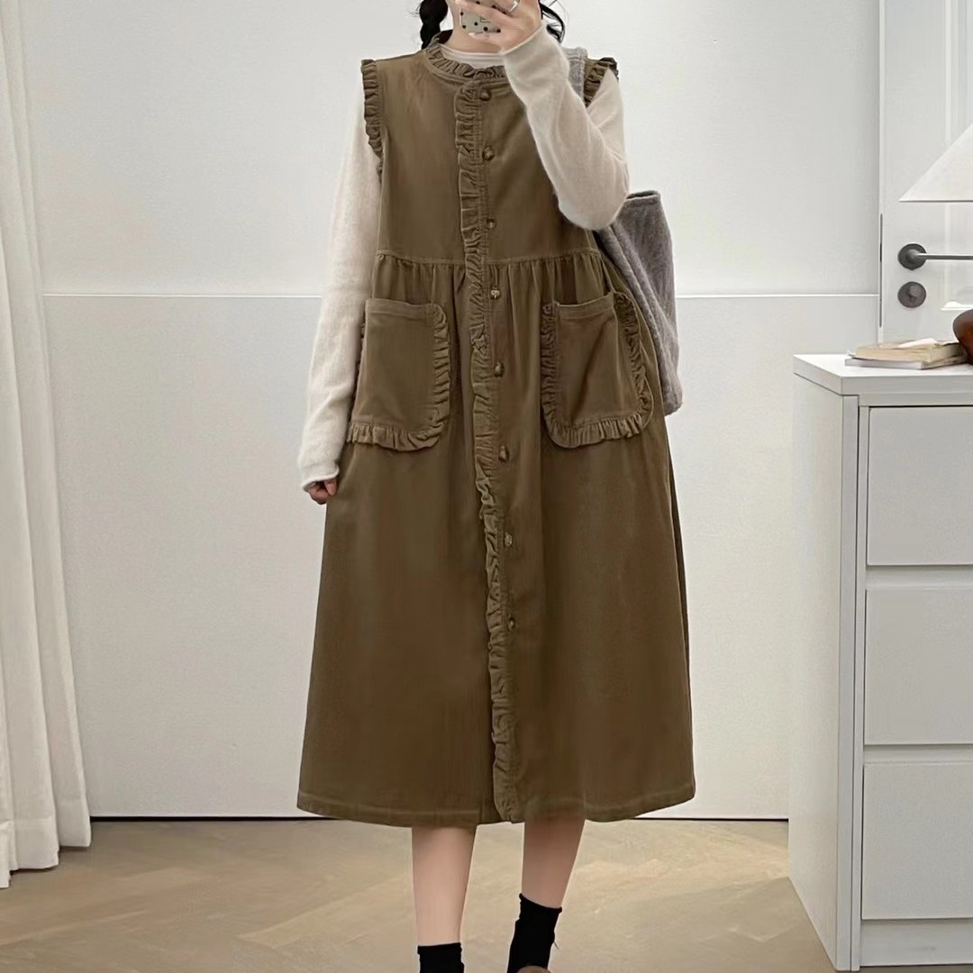 森女系花边圆领大口袋灯芯绒无袖连衣裙宽松中长款马甲外套开衫裙