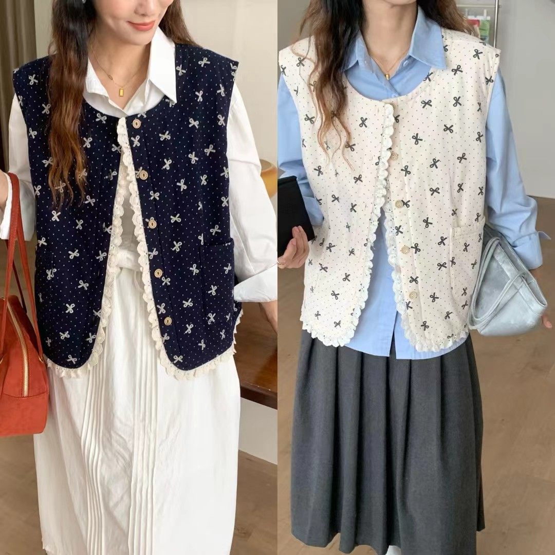 森系蕾丝花边拼接蝴蝶结小波点夹棉马甲宽松减龄百搭叠穿加厚坎肩