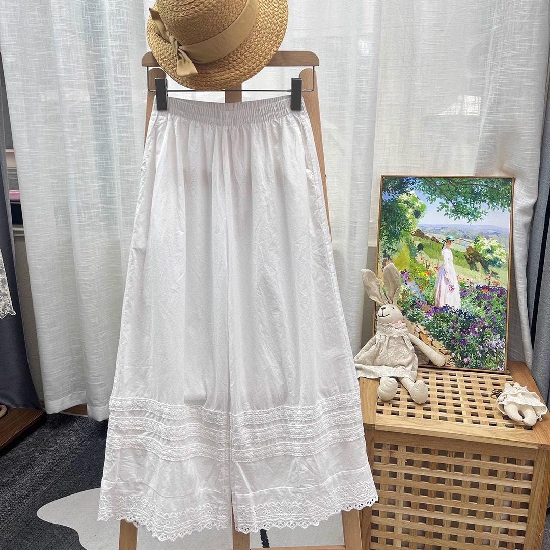 日系文艺蕾丝边拼接纯棉阔腿裤宽松百搭休闲九分直筒裤叠穿衬裤