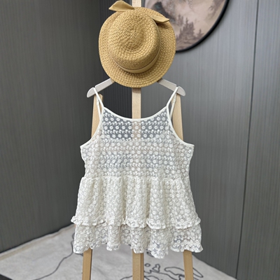 双层荷叶边刺绣吊带得穿小背心