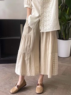 8分裤 休闲薄款 女 23夏新大码 森系文艺蕾丝花边拼接棉麻宽松阔腿裤