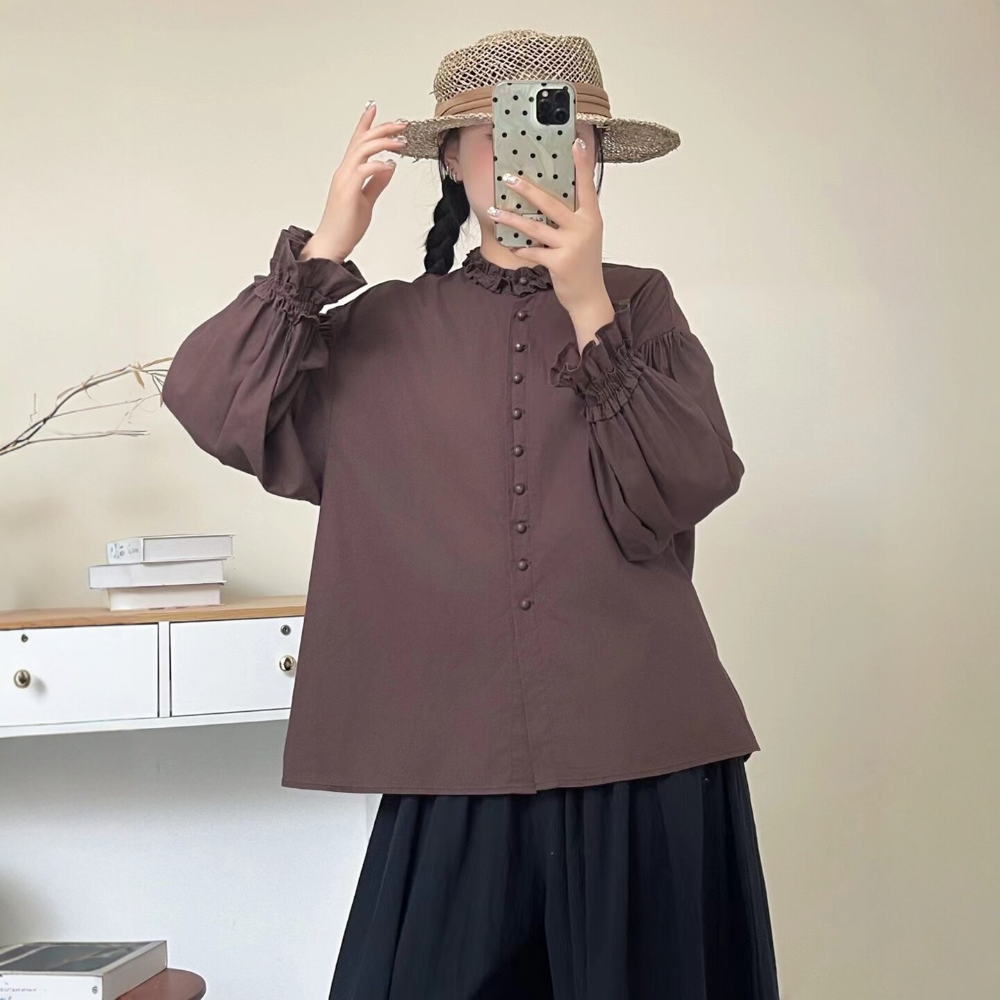 宽松甜美木耳边领口纯棉长袖衬衫