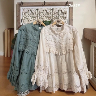 法式甜美文艺风圆领镂空蕾丝拼接喇叭袖衬衫宽松甜美减龄开衫上衣