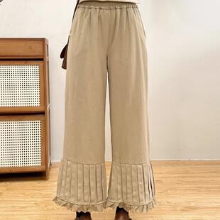 冬新镂空蕾丝拼接裤口打褶加厚裤子松紧腰休闲棉料加绒休闲9分裤