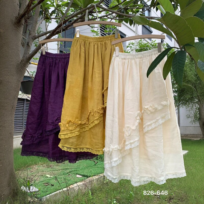 松紧腰蕾丝盘花不规则苎麻半身裙
