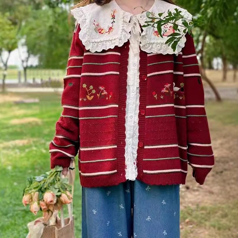 单排扣圆领开衫立体花针织