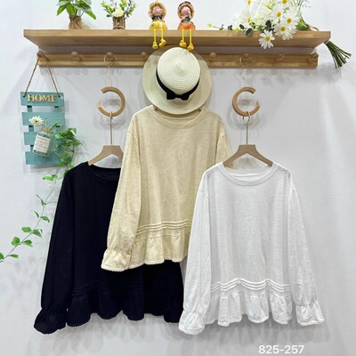 文艺风圆领纯棉花边拼接T恤衫女