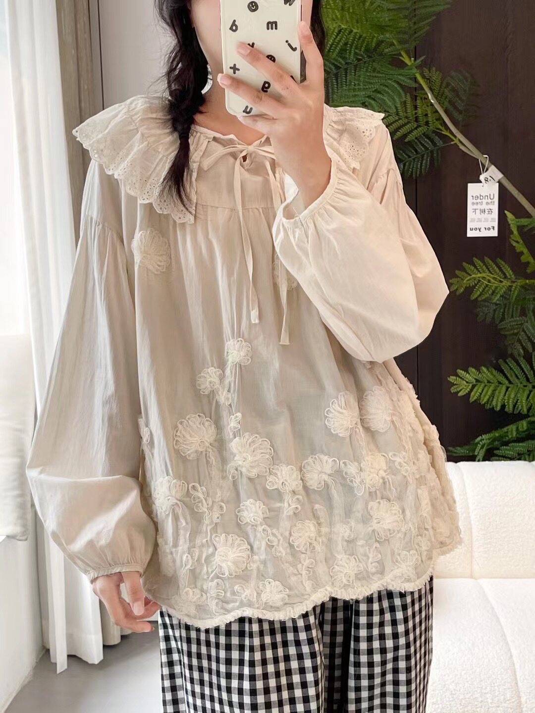 重工立体花纯棉长袖衬衫女