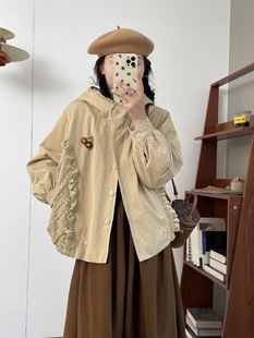 日系文艺蕾丝拼接棉质加棉连帽棉衣外套宽松版刺绣小花小棉袄上衣