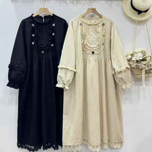 日系复古圆领套头重工刺绣花朵棉麻长袖连衣裙宽松百搭A字大摆裙