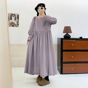 日系高端手工花朵刺绣圆领复古长袖连衣裙宽松减龄亚麻气质长裙女