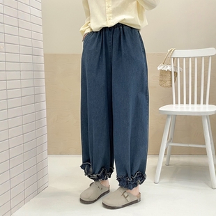 森系文艺木耳花边拼接牛仔花苞裤宽松版休闲百搭休闲裤灯笼裤春秋