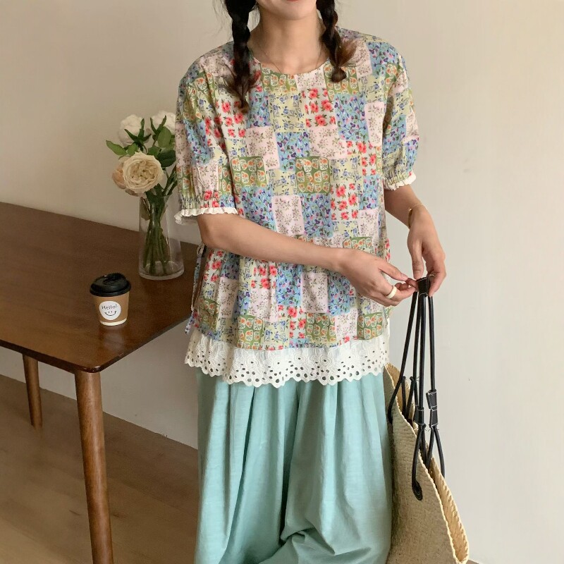 宽松圆领蕾丝拼接印花假两件短袖