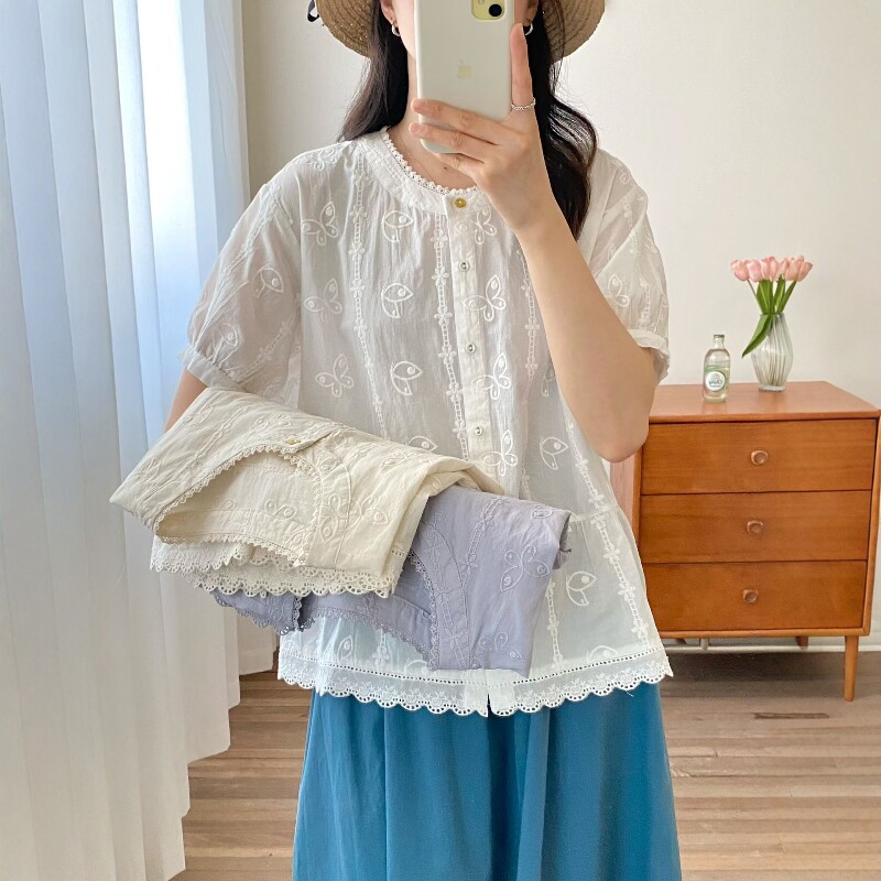 宽松甜美圆领刺绣纯棉短袖开衫女