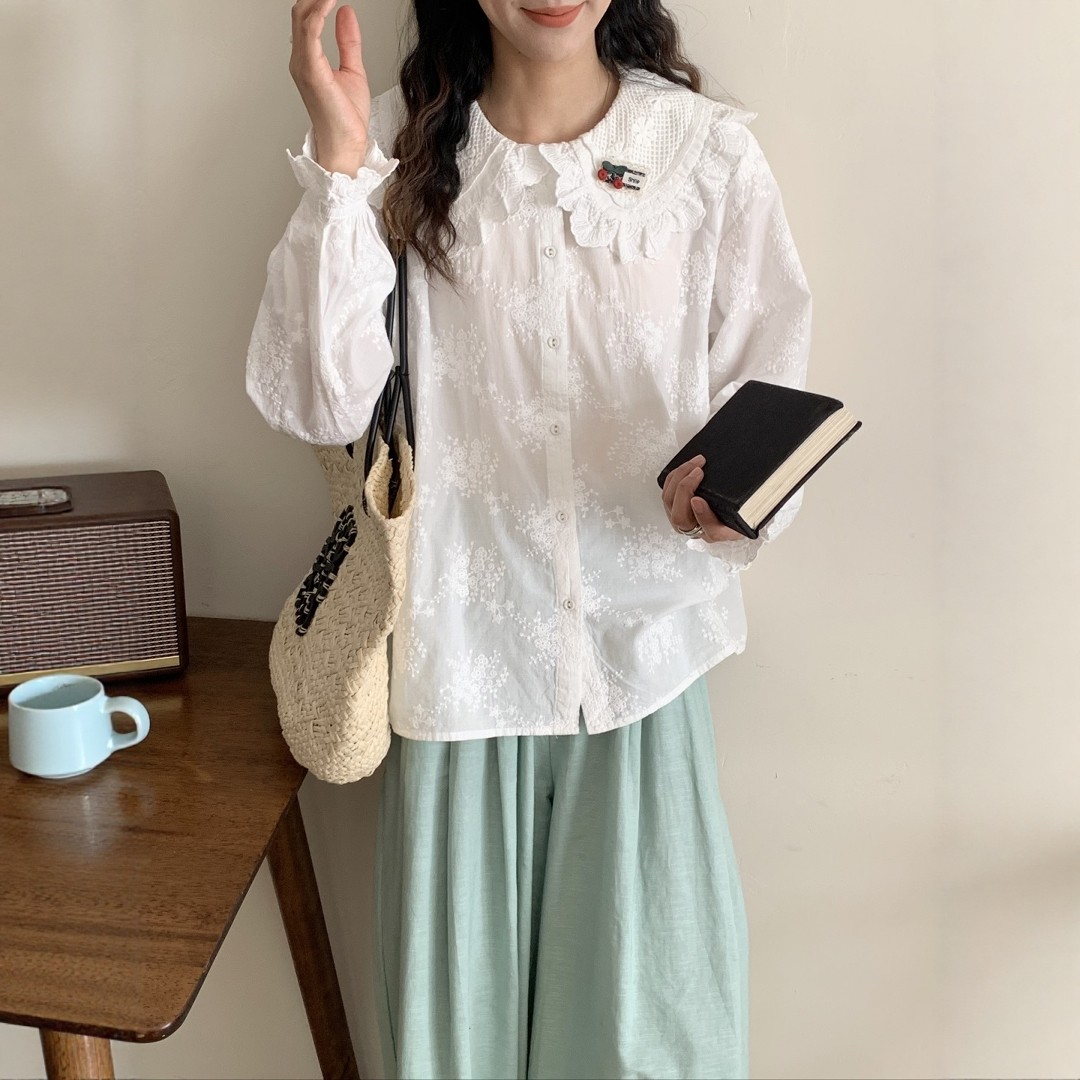 大娃娃领全刺绣长袖衬衫上衣女
