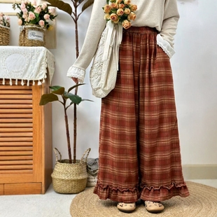 24秋冬复古文艺森系格子宽松阔腿裤磨毛棉木耳边裤脚长裤胖妹裤子