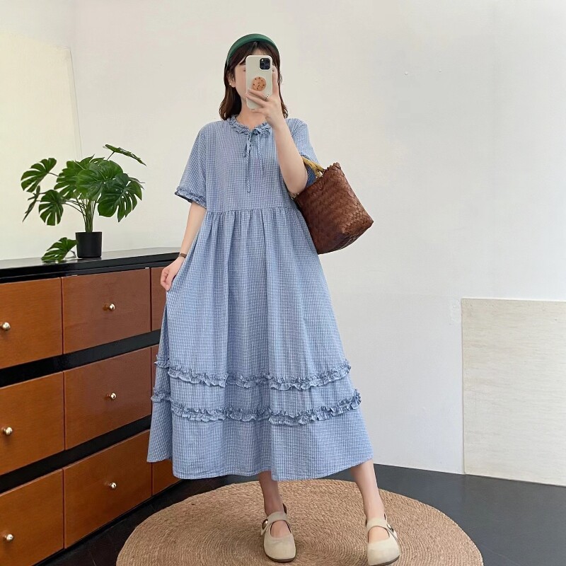 少女风格纹花边领套头短袖连衣裙