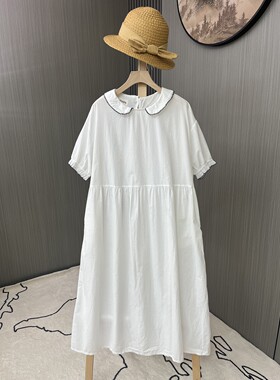 撞色娃娃领短袖连衣裙棉布裙