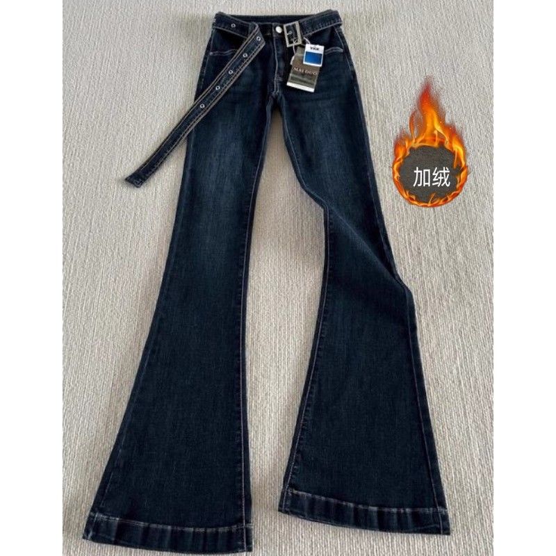 加绒微喇牛仔裤女低腰修身显瘦