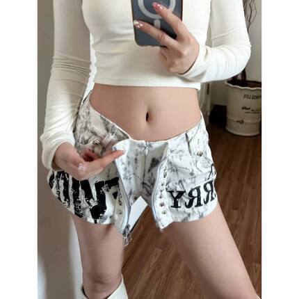 美式辣妹风性感铆钉拼接拉链涂鸦短裤女夏高腰百搭修身小个子热裤