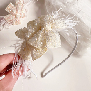 新款 超仙公主风羽毛串珠蝴蝶结儿童拍照出游甜美发箍头扣发饰头饰