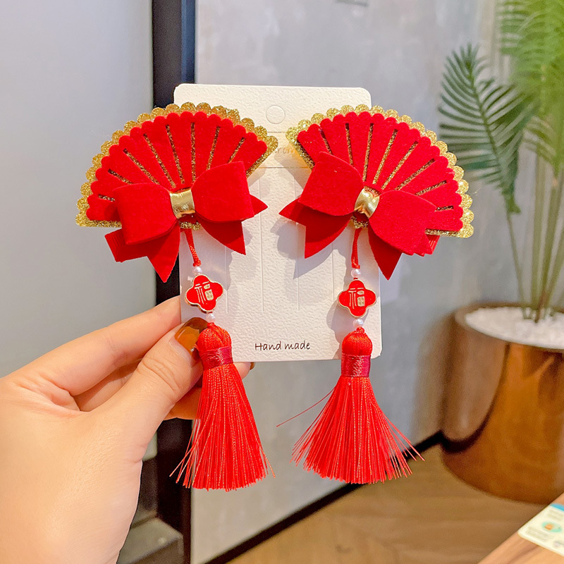 新年红色唐装旗袍流苏蝴蝶结发夹