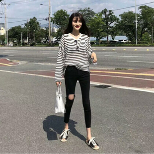 高腰破洞显瘦毛边黑色小脚裤韩版修身牛仔裤女网红九分裤铅笔裤