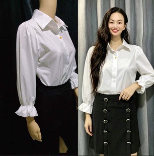 我只喜欢你吴倩赵乔一同款衣服夏泡泡袖衬衣白色韩版长袖衬衫女