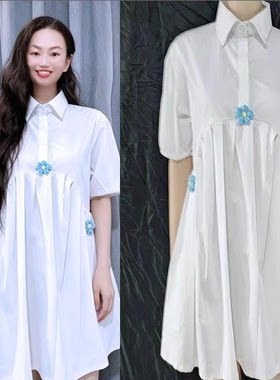 程潇同款白色花朵泡泡袖连衣裙女夏宽松小清新甜美少女衬衫短裙子