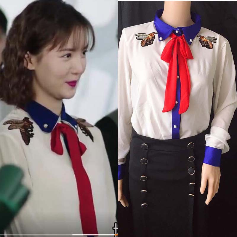 我们都要好好的艾丽莎金晨同款小蜜蜂刺绣白衬衫系带撞色衬衫上衣