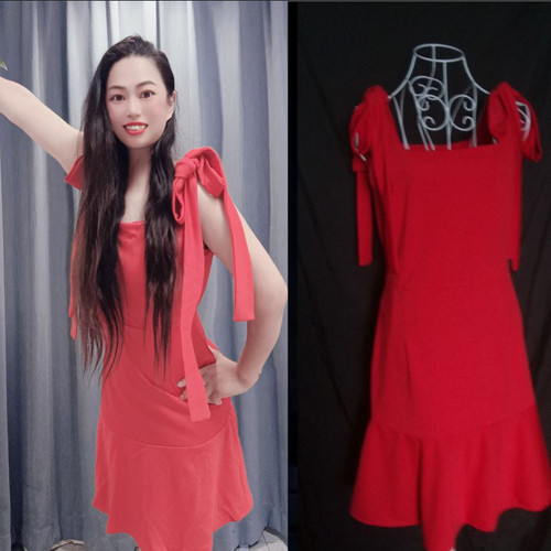 霍思燕明星同款连衣裙子系带蝴蝶结红色包臀鱼尾裙摆吊带裙晚礼服