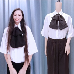 明星袁泉同款短袖衬衫女夏季气质优雅五分袖蝴蝶结色雪纺衬衣上衣