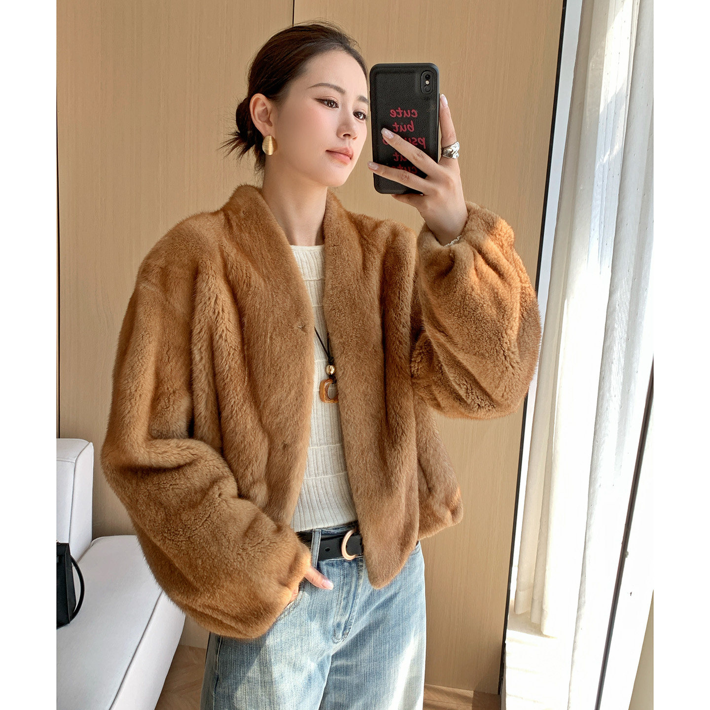 Mscili【琥珀云烟】进口天鹅绒水貂皮草大衣女短二廓形整貂外套