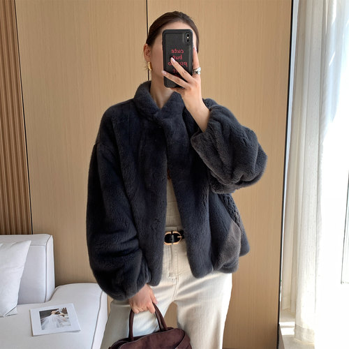 进口紫标级立领天鹅绒貂皮大衣女