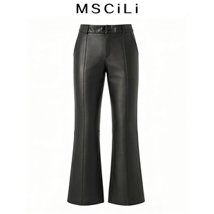 头层小牛皮女士皮裤 MSCILI刺梨 9分裤 微喇裤 修饰腿型 2026春秋新款