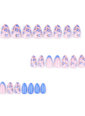 小清新法式蓝色短款杏仁甲美甲假指甲甲片fake nails