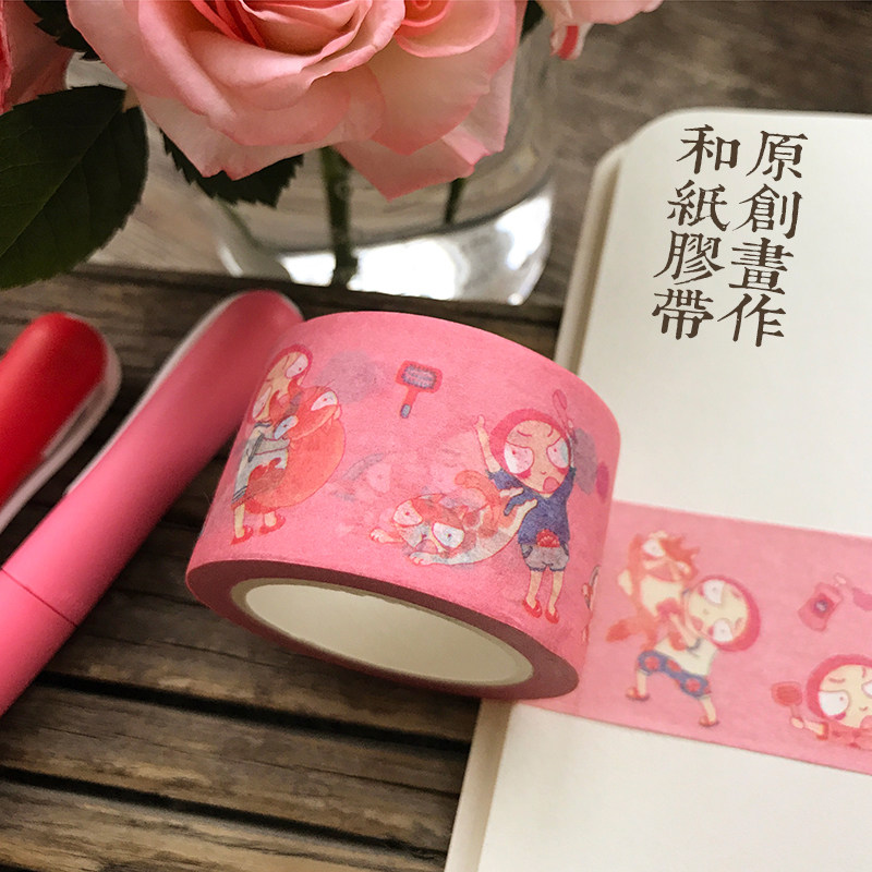 豆角上台●给猫洗澡粉红款原创画作和纸胶带相簿日记手账装饰diy