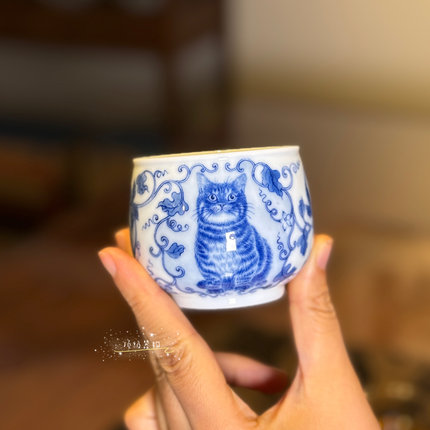 画堂春 景德镇手绘青花瓷西瓜猫咪主人杯陶瓷茶具品茗杯小杯子