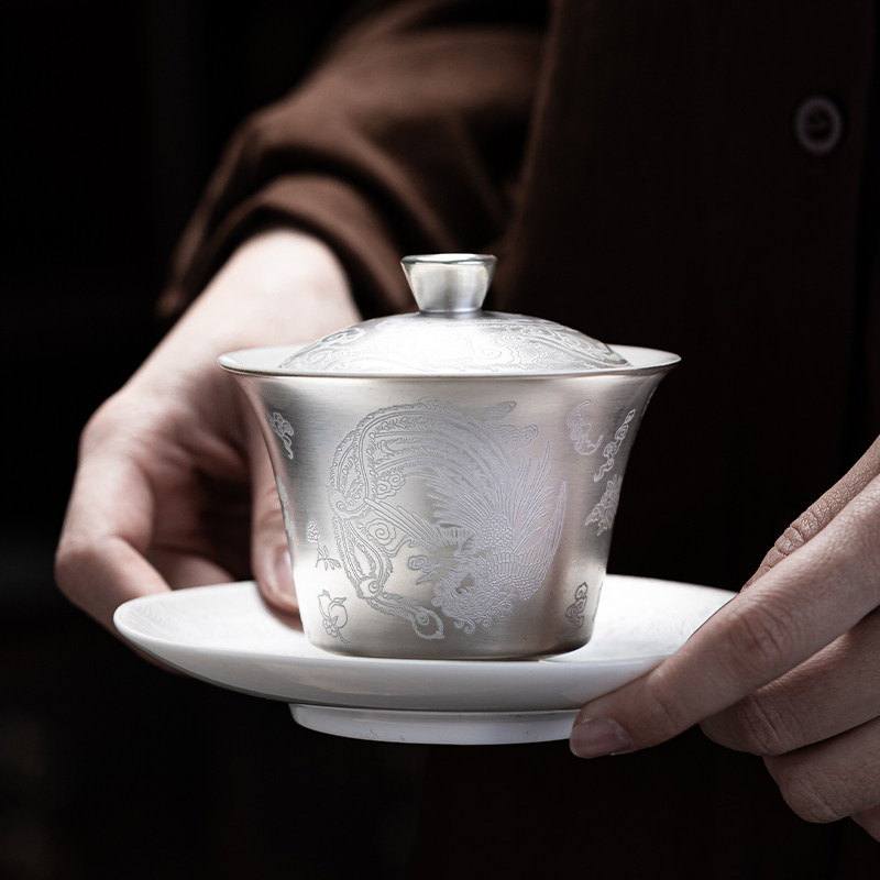 荏仟堂999纯银龙凤三才盖碗家用功夫礼品茶杯子养生茶具茶碗茶器