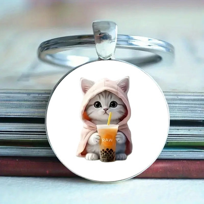 跨境新款时尚穿着卫衣的可爱小猫图案时光宝石吊坠钥匙扣挂件挂饰