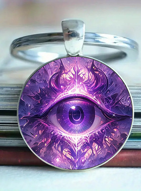 跨境新款时尚绚丽的紫色恶魔之眼图案时光宝石合金吊坠钥匙扣挂件