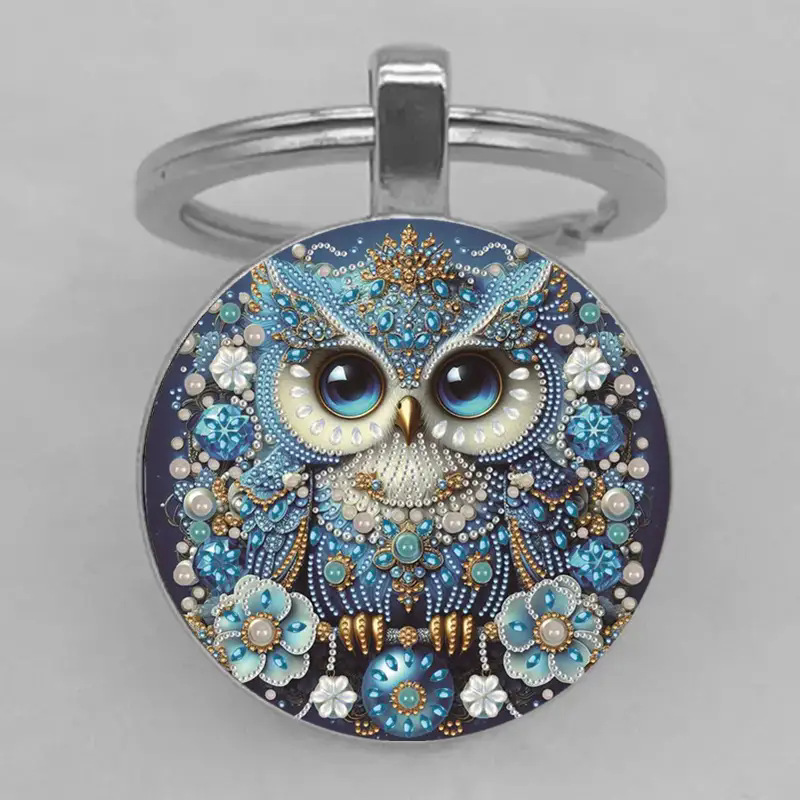 跨境新款猫头鹰图案时光宝石钥匙扣挂件新品配饰金属钥匙圈挂饰